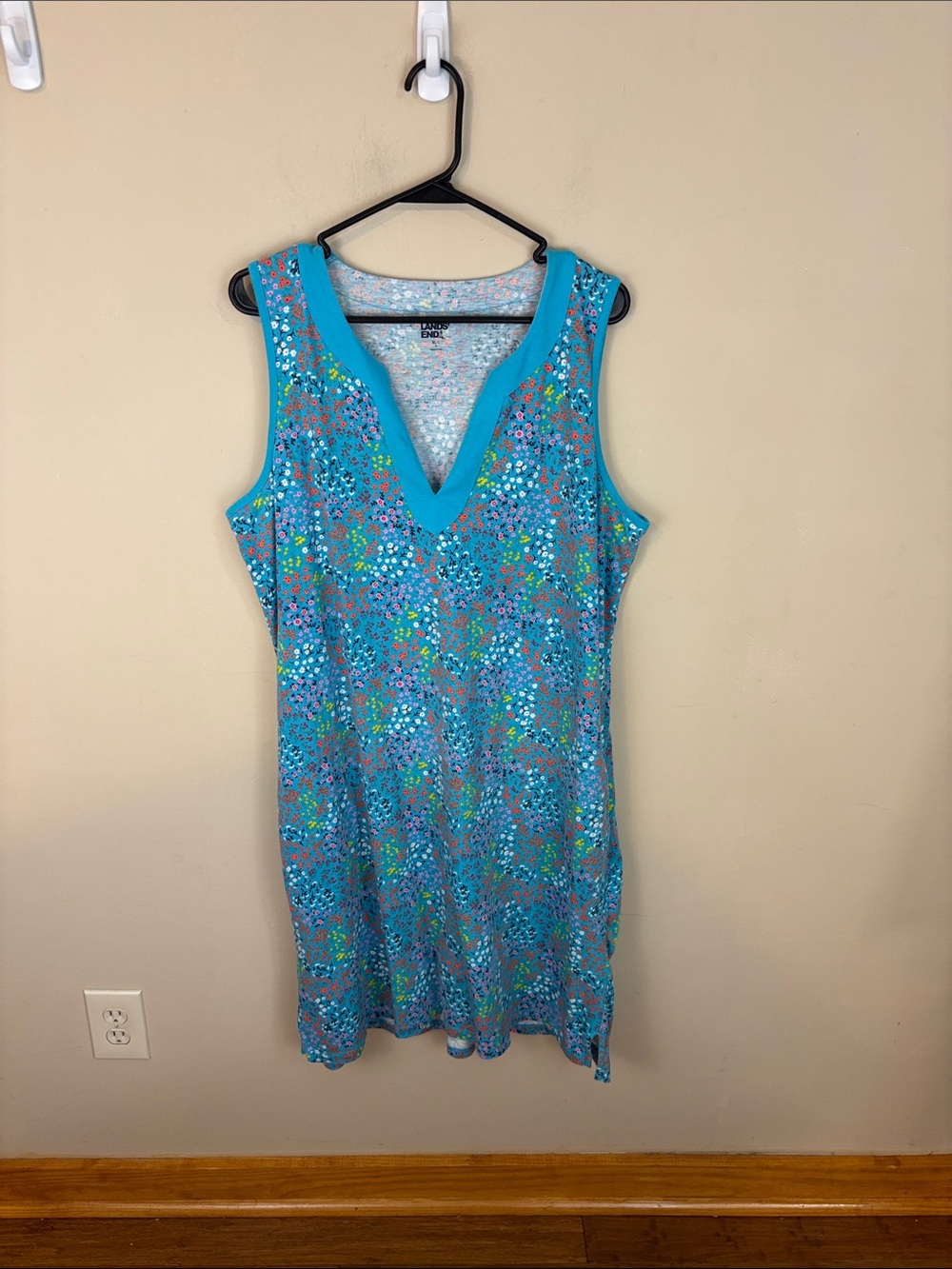 Lands End Turquoise Floral Sleeveless Cotton Jersey Dress Size XL / L 18